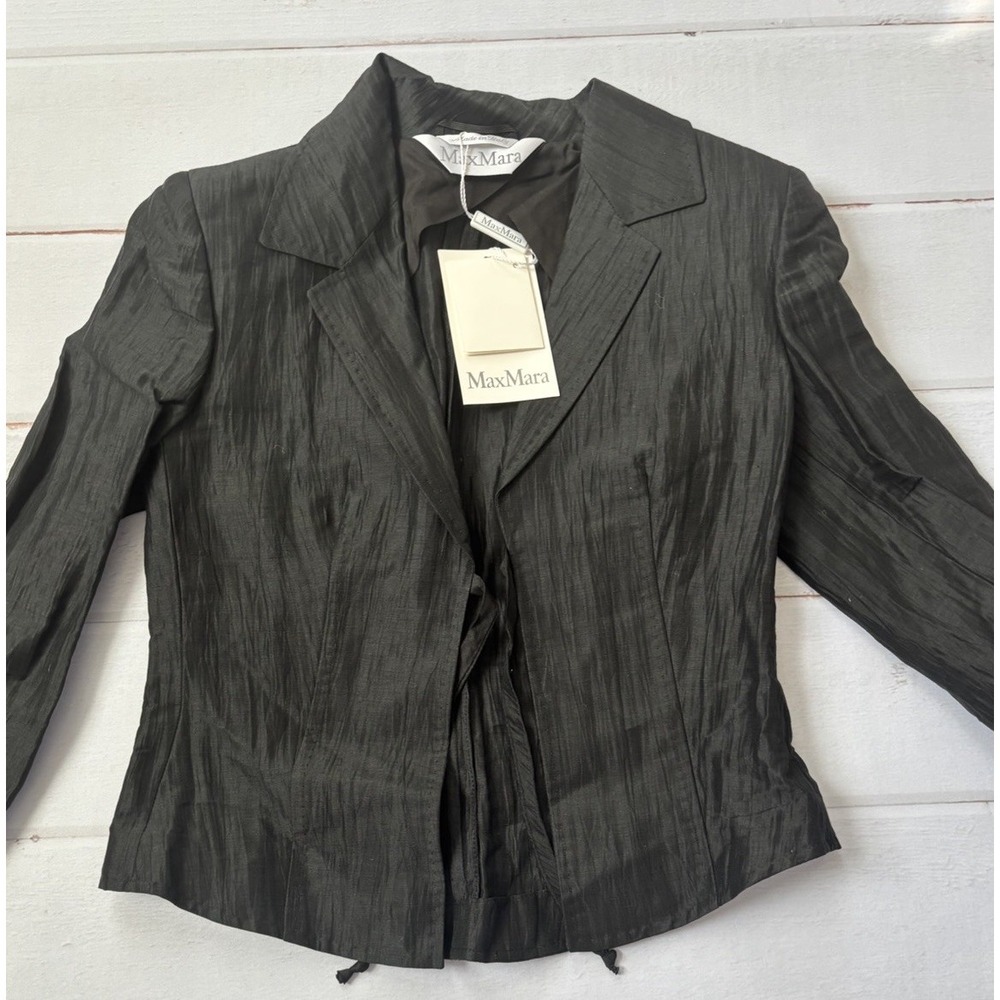 MaxMara‎ Black Linen Silk Textured Jacket Size 2 Tie Closure 3/4 Sleeve, NWT